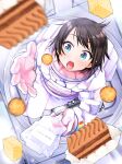  1girl absurdres astronaut bangs blue_eyes blush brown_hair commentary_request floating floating_object food from_above highres holding hololive looking_at_food looking_up ooranokohaku oozora_subaru open_mouth short_hair solo spacesuit virtual_youtuber 