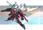  blue_eyes clenched_hand flying ishida_baru looking_down mecha mechanical_wings no_humans riot_music science_fiction shield solo sparkle wings 