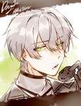  1boy arene_(arknights) arknights bishounen coat cookie czicc-cz1532 english_text eyebrows_visible_through_hair food gloves green_eyes grey_hair halo highres male_focus open_mouth short_hair simple_background solo upper_body 