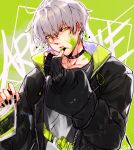  1boy arene_(arknights) arknights bangs bishounen choker czicc-cz1532 ear_piercing english_text eyebrows_visible_through_hair fingerless_gloves gloves green_background green_eyes grey_hair hand_up highres jacket looking_at_viewer male_focus nail_polish piercing short_hair simple_background solo 