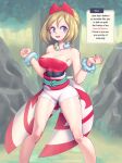  1girl arm_wrap blonde_hair blue_eyes hairband irida_(pokemon) jewelry knees neck_ring pokemon pokemon_(game) pokemon_legends:_arceus red_hairband red_shirt shirt shorts solo strapless strapless_shirt supersatanson white_shorts 