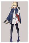  1girl ahoge artoria_pendragon_(caster)_(fate) artoria_pendragon_(caster)_(fate)_(cosplay) artoria_pendragon_(fate) bangs blonde_hair blush bow cosplay dress euhage73 fate/grand_order fate_(series) green_eyes hair_between_eyes highres open_mouth pantyhose saber_lily sheath sheathed simple_background smile solo sword two-tone_cape weapon weapon_on_back 