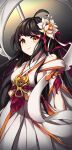  1girl absurdres ahoge apsara_(elsword) ara_haan bangs bare_shoulders black_hair blush breasts chun_nam closed_mouth detached_sleeves dress elsword eyebrows_visible_through_hair flower hair_between_eyes hair_flower hair_ornament highres long_hair looking_at_viewer medium_breasts orange_eyes polearm sideboob sidelocks smile solo spear symbol-only_commentary upper_body very_long_hair weapon white_dress white_flower white_sleeves wide_sleeves 