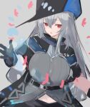  1girl :o arknights asususususu black_gloves black_headwear cowboy_shot fish gloves grey_background grey_hair hair_between_eyes hand_up hat highres long_hair looking_at_viewer navel open_mouth red_eyes simple_background skadi_(arknights) sketch solo 