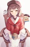  1girl :o ? ?? aid! bangs basket beret bird bow bowtie braid brown_eyes brown_hair embroidery floral_print friend_(nanashi_mumei) hat highres hololive hololive_english japanese_clothes kimono multicolored_hair nanashi_mumei official_alternate_costume owl print_kimono red_shawl ribbon short_hair sitting solo streaked_hair top_hat virtual_youtuber white_kimono wide_sleeves wooden_chair 