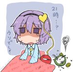  1girl alarm_clock black_hairband blue_pajamas broken buttons clock commentary_request eyeball eyebrows_visible_through_hair frown futon hair_between_eyes hair_ornament hairband heart heart_button heart_hair_ornament highres komeiji_satori long_sleeves noai_nioshi open_mouth pajamas purple_hair short_hair sitting solo sweat third_eye touhou translation_request under_covers violet_eyes white_background 