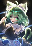  1girl absurdres ahoge animal_ears apron bangs black_background blurry cat_ears cat_tail cowboy_shot depth_of_field detached_sleeves dfra eyebrows_visible_through_hair fangs green_eyes green_hair headdress heart heart-shaped_pupils heart_of_string highres komeiji_koishi light_particles looking_at_viewer maid open_mouth short_hair skin_fangs solo standing symbol-shaped_pupils tail third_eye touhou waist_apron 