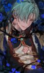  1boy blue_eyes blue_hair bound charles_iii_(lord_of_heroes) flower formal frown kuzuvine looking_down lord_of_heroes pale_skin roots royal_robe short_hair tied_up_(nonsexual) 