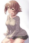  1girl alternate_costume bare_legs black_skirt blush breasts brown_hair closed_mouth collarbone eyebrows_visible_through_hair green_eyes grey_sweater hair_between_eyes highres kantai_collection large_breasts long_sleeves looking_at_viewer monoku mutsu_(kancolle) short_hair skirt smile solo sweater 