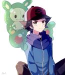  1boy baseball_cap blue_jacket brown_eyes brown_hair brown_pants closed_mouth commentary_request hat highres hilbert_(pokemon) jacket looking_at_viewer male_focus pants pokemon pokemon_(creature) pokemon_(game) pokemon_bw reuniclus short_hair signature smile tere_asahi zipper_pull_tab 