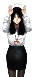  1girl black_hair cat_day closed_mouth cowboy_shot formal grey_eyes hair_between_eyes hands_up highres hoshi_san_3 id_card long_hair long_sleeves looking_at_viewer office_lady original pantyhose pencil_skirt shirt simple_background skirt solo white_background white_shirt 