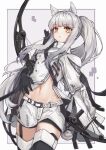  1girl absurdres animal_ear_fluff animal_ears arknights bangs black_gloves black_legwear border bow_(weapon) bright_pupils clothes_writing cowboy_shot elbow_gloves eyebrows_visible_through_hair garter_straps gloves grey_background highres holding holding_bow_(weapon) holding_weapon horse_ears horse_girl horse_tail long_hair long_sleeves looking_at_viewer mimma_ring_(nobuyueli) navel orange_eyes outside_border parted_lips platinum_(arknights) ponytail revealing_clothes short_shorts shorts sidelocks solo stomach tail thigh-highs very_long_hair weapon white_border white_shorts wide_sleeves 