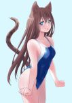  1girl absurdres animal_ears blue_background blue_eyes blue_swimsuit brown_hair cat_ears cat_tail competition_swimsuit cowboy_shot highleg highleg_swimsuit highres long_hair macosee one-piece_swimsuit original paw_print simple_background smile solo standing swimsuit tail two-tone_swimsuit 