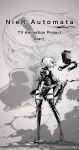  1girl blindfold boots copyright_name dress floating_hair from_behind greyscale hairband high_heel_boots high_heels highres holding holding_sword holding_weapon juliet_sleeves key_visual long_sleeves mole mole_under_mouth monochrome nier_(series) nier_automata official_art pod_(nier_automata) promotional_art puffy_sleeves robot short_hair sketch solo sword thigh-highs thigh_boots weapon yorha_no._2_type_b 