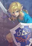  1boy banana11523 bangs blonde_hair blue_eyes boots clenched_teeth holding holding_shield holding_sword holding_weapon hylian_shield link looking_away male_focus master_sword medium_hair pointy_ears sheath shield solo sword teeth the_legend_of_zelda the_legend_of_zelda:_breath_of_the_wild weapon 