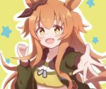  1girl :d animal_ears bangs black_ribbon blush breasts brown_eyes brown_hair commentary_request crop_top dog_tags ear_ribbon eyebrows_visible_through_hair fur-trimmed_jacket fur_trim green_jacket hair_between_eyes hand_up highres horse_ears jacket long_hair long_sleeves looking_at_viewer mayano_top_gun_(umamusume) open_clothes open_jacket outline ribbon shirt small_breasts smile solo starry_background sunanuko_(ramuneko) two_side_up umamusume upper_body very_long_hair white_outline yellow_background yellow_shirt 
