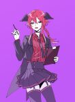  1girl 3di_project bangs black_nails braid choker coat collared_shirt feathered_wings fingernails highres miniskirt necktie open_mouth redhead rigu_(3di) rigu_(3di)_(character) shirt sidelocks skirt skull solo upper_body violet_eyes wings 