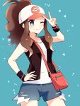  1girl ;) absurdres antenna_hair bag black_wristband blush brown_hair closed_mouth commentary_request eyelashes grey_eyes grey_shorts hand_up high_ponytail highres hilda_(pokemon) long_hair one_eye_closed open_clothes open_vest pokemon pokemon_(game) pokemon_bw shirt shorts shoulder_bag sidelocks sleeveless sleeveless_shirt smile solo tere_asahi v vest white_shirt wristband 