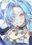  1girl blue_hair blush breasts kuzuvine long_hair looking_to_the_side lord_of_heroes lumie_miratisa messy_hair pale_skin red_eyes smile white_background 