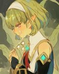  1girl crying crying_with_eyes_open facing_to_the_side green_eyes green_hair kuzuvine looking_down lord_of_heroes pale_skin short_hair solphi_lebenheit tearing_up tears 