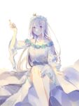  1girl absurdres bangs blunt_bangs crown dress emilia_(re:zero) hand_up head_wreath highres icyko long_hair mini_crown off-shoulder_dress off_shoulder parted_lips re:zero_kara_hajimeru_isekai_seikatsu silver_hair sitting solo violet_eyes 