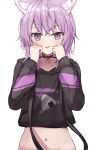  1girl :p animal_ear_fluff animal_ears bangs black_choker black_hoodie blush cat_ears cat_girl choker commentary cropped_hoodie eyebrows_visible_through_hair hands_up highres hololive hood hoodie long_sleeves looking_at_viewer medium_hair midriff navel nekomata_okayu onigiri_print purple_hair shuuzo3 solo tongue tongue_out upper_body violet_eyes virtual_youtuber 