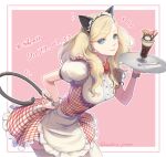  1girl alternate_costume animal_ears apron aqua_eyes bangs blonde_hair breasts cat cat_day cat_ears cat_paw cat_tail closed_mouth cowboy_shot dated dress ear_piercing fake_animal_ears food framed_breasts frilled_dress frills hand_on_hip ice_cream leaning_forward lipstick long_hair looking_at_viewer makeup medium_breasts narrow_waist persona persona_5 piercing pink_background puffy_short_sleeves puffy_sleeves short_dress short_sleeves simple_background smile solo spoon striped striped_dress sundae swept_bangs tail takamaki_anne thigh-highs tray twintails twitter_username waist_apron white_legwear wrist_cuffs yoruno_mahiru zettai_ryouiki 