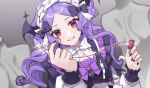  1girl 3di_project bangs bat_wings drudrusilla_purple eyelashes fingernails gothic_lolita hairband lolita_fashion long_sleeves nail_polish puffy_long_sleeves puffy_sleeves purple_hair rigu_(3di) solo swept_bangs vampire virtual_youtuber wavy_hair wings 