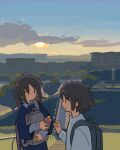  2girls absurdres ahoge backpack bag blue_sky blue_sweater brown_hair building clouds collared_shirt commentary_request drink eyebrows_visible_through_hair highres holding holding_drink long_sleeves medium_hair muji_(uimss) multiple_girls no_pupils no_sclera open_mouth original outdoors profile shirt short_hair sky sunset sweater tree upper_body 