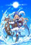  1girl blonde_hair blue_eyes blue_sky blush boots hat highres long_hair looking_ahead looking_at_viewer lord_of_heroes pale_skin pirate pirate_hat rosanna_devicci sixa sky smile solo sun water waves 
