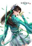  1girl absurdres apple brown_hair dress expressionless food fruit goingtobemad green_dress hair_ornament highres light long_hair reverse_grip sword sword_behind_back weapon white_background xian_jian_qi_xia_zhuan xian_jian_qi_xia_zhuan_7 yue_qingshu_(legend_of_sword_and_fairy_7) 