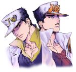  2boys black_hair coat diamond_wa_kudakenai dual_persona hat hat_ornament jojo_no_kimyou_na_bouken kujo_jotaro long_coat male_focus multiple_boys nitako portrait sweater_vest turtleneck white_coat 