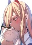  1girl animal blonde_hair cat chainsaw_man face highres hinghoi horns licking light_blush long_hair open_mouth power_(chainsaw_man) saliva simple_background tongue tongue_out white_background 