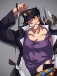  1boy black_hair blood blood_in_mouth blue_eyes chain duplicate gakuran hat hat_over_one_eye jojo_no_kimyou_na_bouken kitchen_knife kujo_jotaro less_end long_coat male_focus midriff_peek mouth_hold pinned pixel-perfect_duplicate purple_shirt restrained school_uniform shirt solo stardust_crusaders 