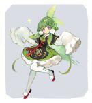  1girl blush bow cannae_le_fey dress full_body green_hair hair_bow hair_ornament highres kuzuvine looking_at_viewer lord_of_heroes oversized_clothes pale_skin smile violet_eyes white_legwear 