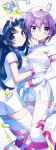  2girls alternate_eye_color asakura_ryouko bandaged_leg bandages bangs blood blue_eyes blue_hair clipboard expressionless eyebrows_visible_through_hair gloves hat highres hug intravenous_drip long_hair looking_at_viewer mochoeru multiple_girls nagato_yuki nurse nurse_cap pill purple_hair short_sleeves smile suzumiya_haruhi_no_yuuutsu syringe thick_eyebrows thigh-highs violet_eyes yuri zettai_ryouiki 