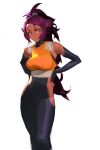  1girl absurdres bleach blueisalanguage breasts cowboy_shot dark-skinned_female dark_skin elbow_gloves english_commentary gloves hands_on_hips highres long_hair looking_at_viewer medium_breasts parted_lips ponytail purple_hair shihouin_yoruichi solo standing white_background yellow_eyes 