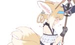  1girl 1other ambiguous_gender animal_ears arknights bare_shoulders black_gloves blue_hairband blush braid chrocatz closed_eyes dress extra_ears eyebrows_visible_through_hair fox_ears fox_tail from_side gloves hairband headpat heart highres kitsune multiple_tails out_of_frame petting profile short_hair sidelocks simple_background single_glove suzuran_(arknights) tail upper_body white_background white_dress 