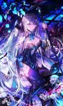  1girl arms_at_sides black_ribbon blue_eyes braid breasts breasts_apart crown crown_braid fate/grand_order fate_(series) hair_between_eyes highres light_frown long_hair looking_at_viewer medium_breasts moorioka morgan_le_fay_(fate) navel platinum_blonde_hair ribbon shaded_face solo thigh-highs thigh_gap thighs very_long_hair wide_sleeves 