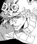  1boy argyle argyle_sweater bow diego_brando eyelashes fangs greyscale halftone hat hat_bow helmet jojo_no_kimyou_na_bouken male_focus monochrome nitako sharp_teeth solo steel_ball_run sweater teeth turtleneck 