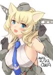  1girl animal_ears artist_name blonde_hair blue_eyes blue_necktie breasts cat_ears colorado_(kancolle) dated dress garrison_cap grey_headwear hat headgear highres kantai_collection large_breasts necktie one-hour_drawing_challenge open_mouth owa_(ishtail) pleated_dress shirt short_hair simple_background sleeveless smile solo upper_body white_background white_shirt 
