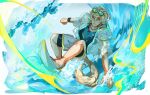  1boy animal_ears arknights artist_name augichii bishounen blonde_hair blue_shirt dog_boy dog_ears dog_tail eyewear_on_head male_focus shirt short_hair solo sunglasses surfboard surfing tail tequila_(arknights) tinted_eyewear waves 