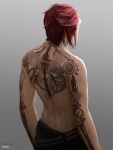  1girl arcane:_league_of_legends arm_tattoo artist_name back_tattoo belt black_belt brown_pants cheesewoo from_behind gradient gradient_background grey_background highres league_of_legends pants redhead shiny shiny_hair short_hair solo tattoo topless vi_(league_of_legends) 