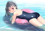  1girl afloat ass black_hair blue_swimsuit from_behind haoriya_chie_(minidraco) highres innertube long_hair looking_at_viewer looking_back lying minidraco on_stomach one-piece_swimsuit original outdoors pink_eyes pool school_swimsuit shiny shiny_clothes solo swimsuit thighs two_side_up water 