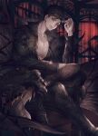  1boy belial_(granblue_fantasy) bishounen black_hair black_pants chair collarbone granblue_fantasy grin highres looking_at_viewer male_focus mikan_(pixiv23066428) pants red_eyes sitting smile solo 