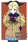  1girl assam_(girls_und_panzer) black_gloves black_legwear black_ribbon blonde_hair blue_eyes blue_scarf blue_skirt blush box brown_background brown_coat coat commentary cowboy_shot english_text fur-trimmed_coat fur_trim gift girls_und_panzer gloves hair_pulled_back hair_ribbon happy_valentine heart-shaped_box highres holding holding_gift ichinose_jun long_hair long_sleeves looking_at_viewer miniskirt open_mouth outside_border pantyhose pleated_skirt ribbon scarf school_uniform skirt smile solo standing valentine winter_clothes 