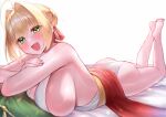  1girl ahoge bangs blonde_hair blush breasts commentary_request eyebrows_visible_through_hair eyelashes fate/extra fate/grand_order fate_(series) green_eyes hair_between_eyes hair_ribbon highres huge_breasts large_breasts looking_at_viewer nero_claudius_(fate) nero_claudius_(fate/extra) open_mouth ribbon short_hair sideboob thighs veiny_breasts white_background yayoi_maka 