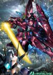  aegis_gundam arm_blade energy_blade glowing glowing_eyes green_eyes gundam gundam_arsenal_base gundam_seed head_tilt highres mecha mobile_suit no_humans official_art paintedmike science_fiction solo_focus strike_gundam v-fin weapon 