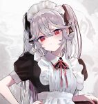  1girl apron bangs black_bow black_dress bow closed_mouth collared_dress commentary_request dress eyebrows_visible_through_hair frilled_apron frills grey_hair hair_between_eyes hair_bow hand_on_hip head_tilt highres long_hair looking_at_viewer maid maid_apron maid_headdress neck_ribbon original puffy_short_sleeves puffy_sleeves red_eyes red_ribbon ribbon sha2mo short_sleeves signature solo two_side_up very_long_hair white_apron 