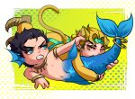  2boys animal_ears animalization armlet biting black_hair blonde_hair cat_ears cat_tail chibi dio_brando fang green_eyes head_fins jacket jewelry jojo_no_kimyou_na_bouken kemonomimi_mode kujo_jotaro less_end mermaid merman monster_boy monster_girl multiple_boys necklace pointy_footwear red_eyes stardust_crusaders tail tail_ornament tail_ring topless_male yellow_jacket 